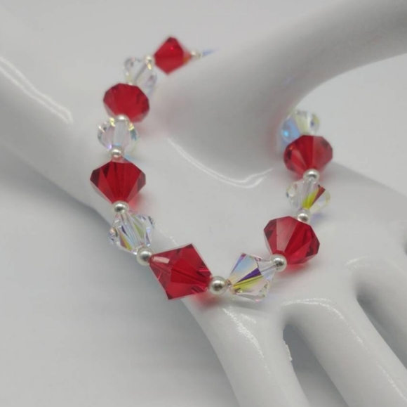 Sterling Silver Swarovski Crystal Red White Toggle Bracelet - Picture 4 of 5